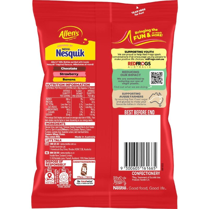 Allens Nesquik Milkshake Chocolate Strawberry Banana Lollies Candy Pack 170gv