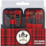 Jack The Barber Full Accessories Grooming and Maintenance Manicure Kit for Men Jack The Barber 7 Piece Mens Grooming Kit includes: Nail clippers, scissors, nail cleaner, nail file, tweezer as well as other accessories to manage all your daily grooming needs. Material: Stainless Steel
