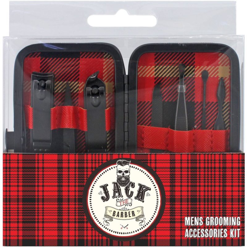 Jack The Barber Full Accessories Grooming and Maintenance Manicure Kit for Men Jack The Barber 7 Piece Mens Grooming Kit includes: Nail clippers, scissors, nail cleaner, nail file, tweezer as well as other accessories to manage all your daily grooming needs. Material: Stainless Steel