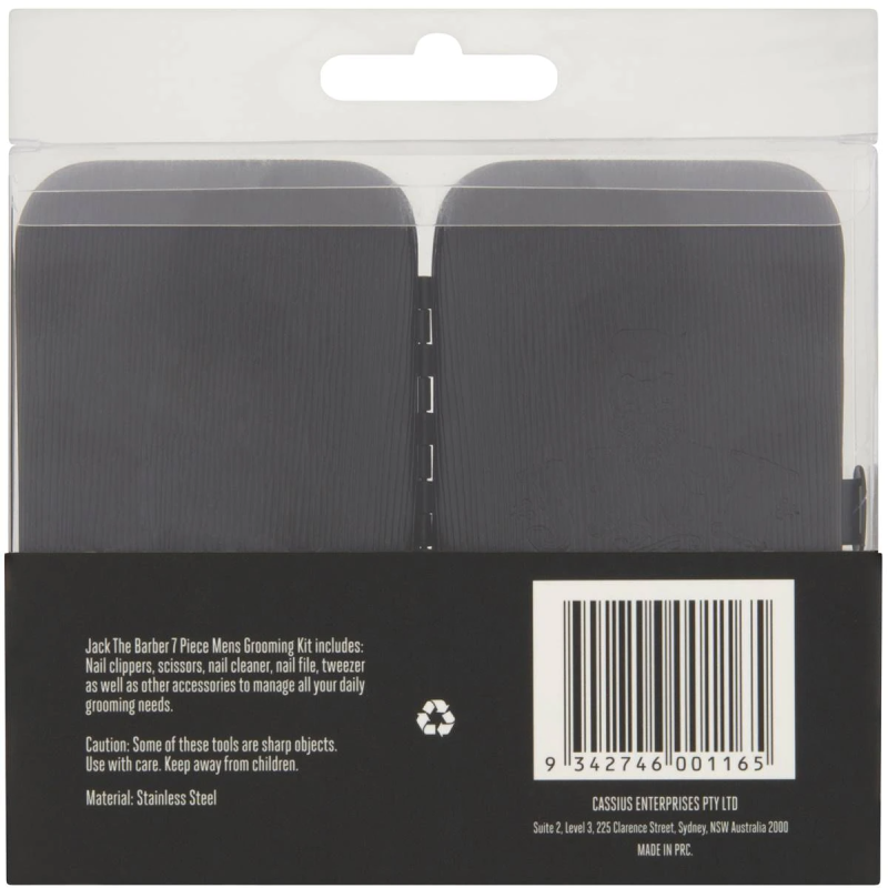 Jack The Barber Full Accessories Grooming and Maintenance Manicure Kit for Men Jack The Barber 7 Piece Mens Grooming Kit includes: Nail clippers, scissors, nail cleaner, nail file, tweezer as well as other accessories to manage all your daily grooming needs. Material: Stainless Steel