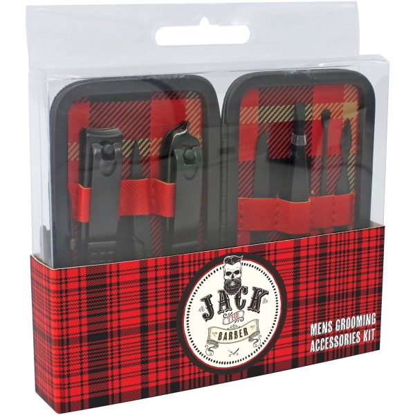 Jack The Barber Full Accessories Grooming and Maintenance Manicure Kit for Men Jack The Barber 7 Piece Mens Grooming Kit includes: Nail clippers, scissors, nail cleaner, nail file, tweezer as well as other accessories to manage all your daily grooming needs. Material: Stainless Steel