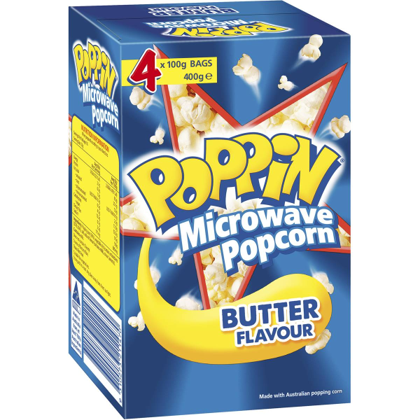 Poppin Microwave Popcorn Butter Flavour 100g x 4 Pack