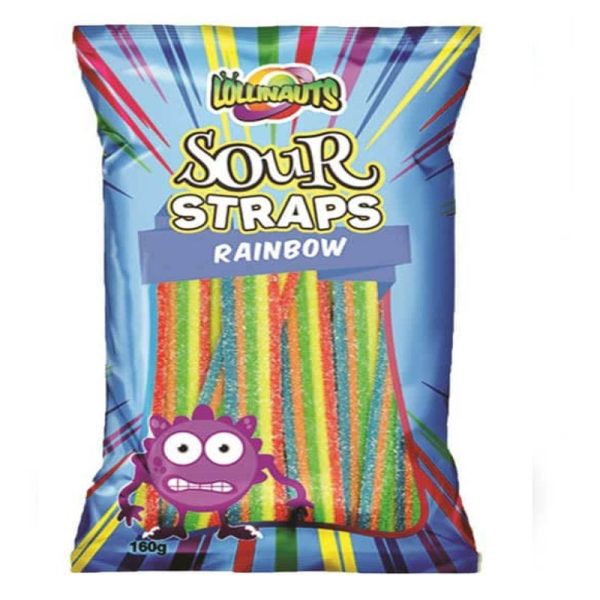 Lollinauts Sour Straps Rainbow Flavour Candy Lollies Pack 160g X 12 Bags