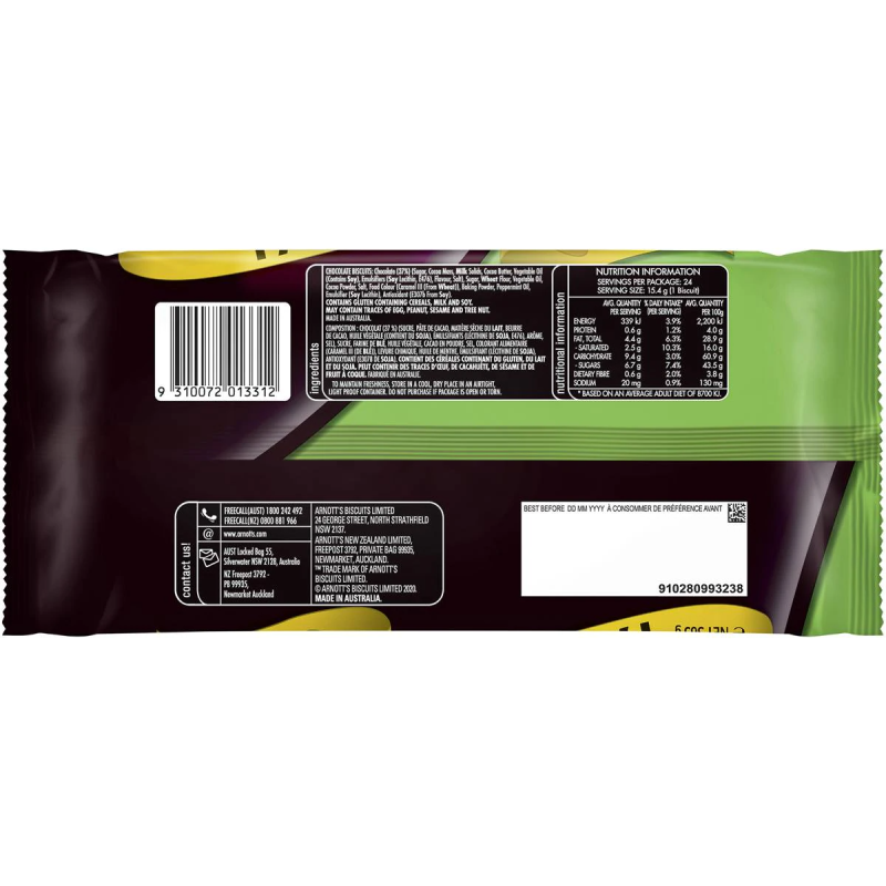 Arnotts Mint Slice Biscuits Family Pack 365g