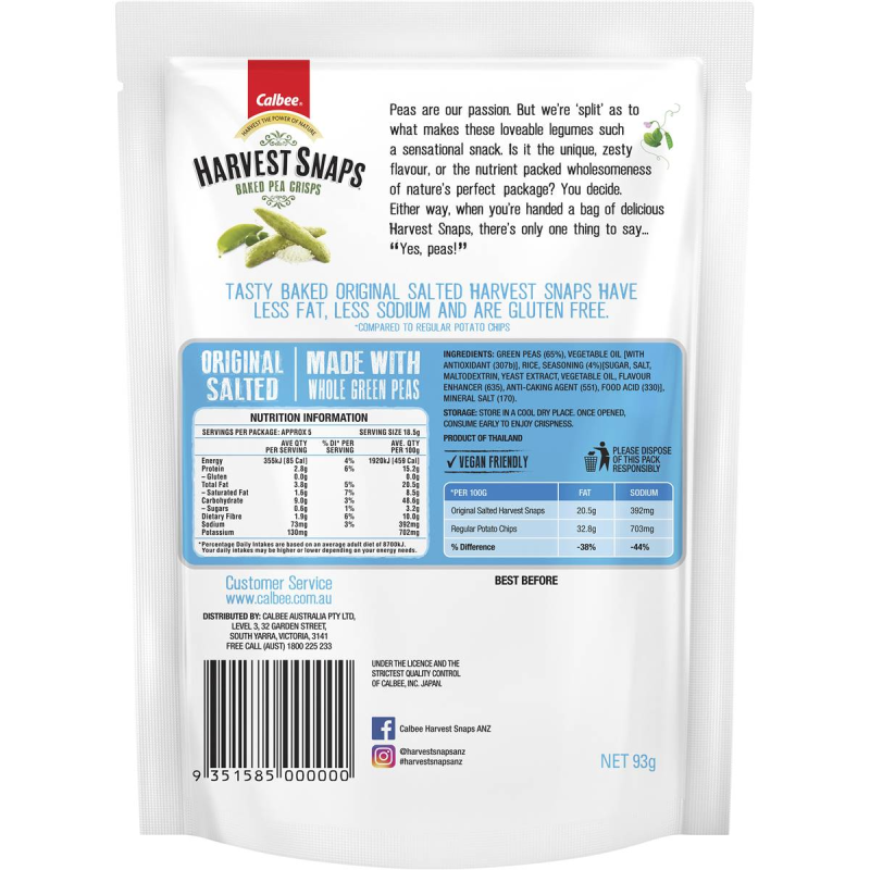 Calbee Harvest Snaps Baked Pea Crisp Snacks Original Salted 93g