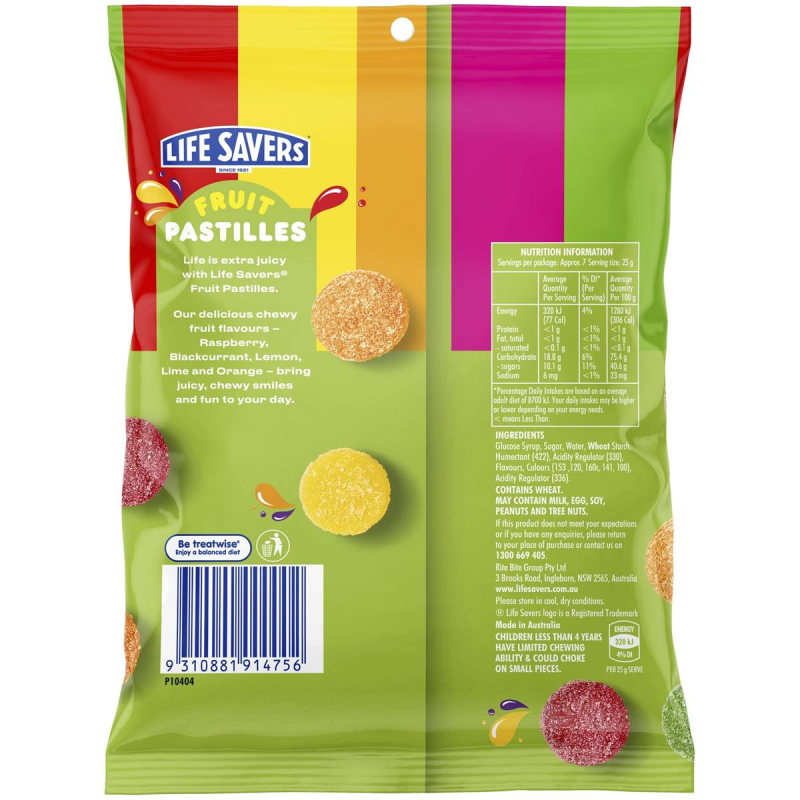 Lifesavers Fruit Pastilles Gummy Candy Lollies Bag 180g