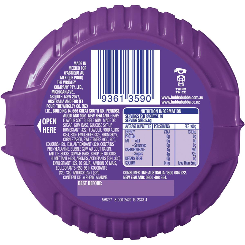 Wrigleys Hubba Bubba Bubblegum Chewing Gum Bubble Tape Grape x 2 Rolls