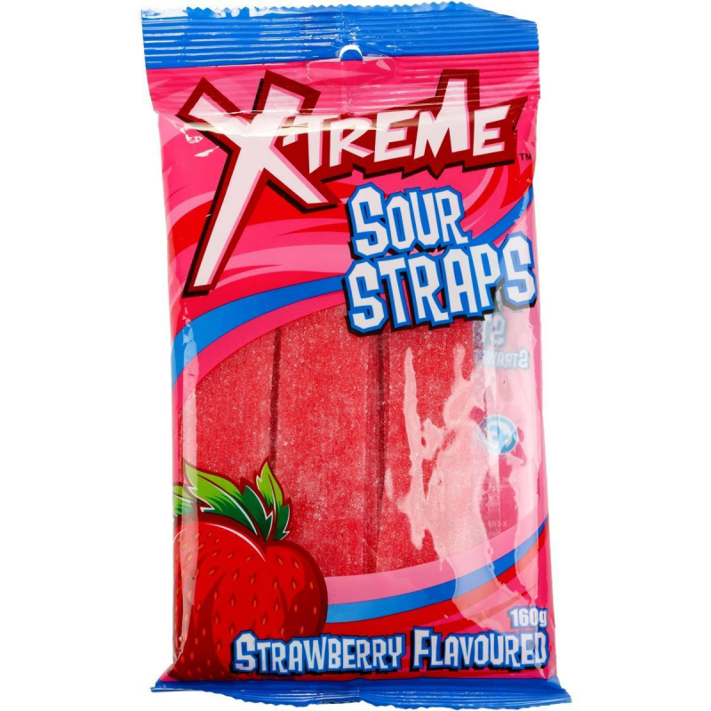 Xtreme Sour Straps Strawberry Flavour Candy Lollies Pack 160g X 12 Bags
