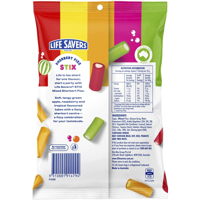 Lifesavers Mixed Fruit Sherbert Fizz Stix Gummy Candy Lollies Bag 220g
