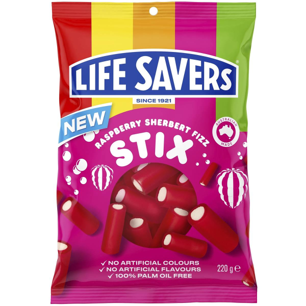 Lifesavers Raspberry Sherbert Fizz Stix Gummy Candy Lollies Bag 220g