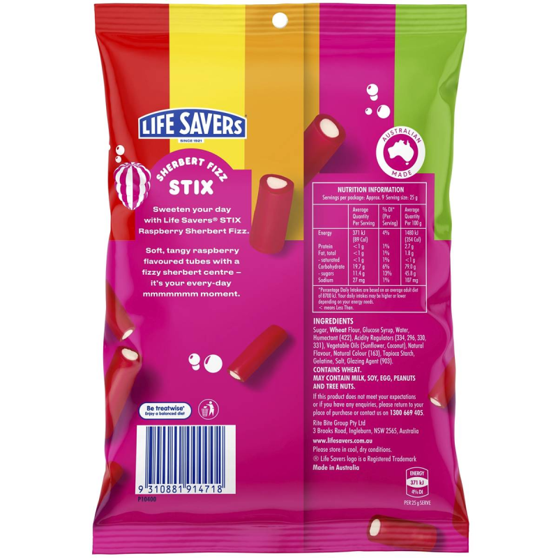 Lifesavers Raspberry Sherbert Fizz Stix Gummy Candy Lollies Bag 220g