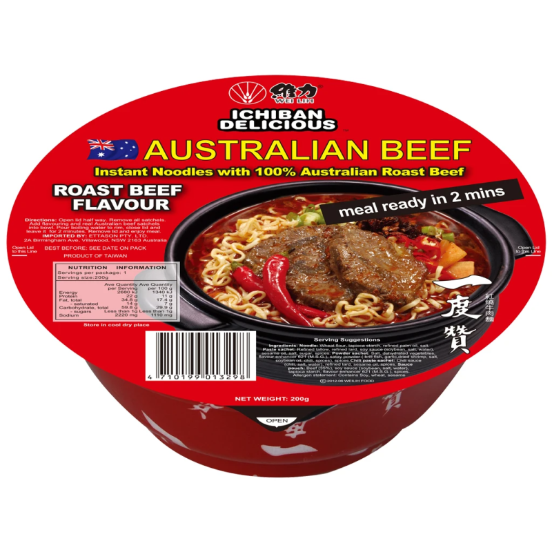 Ichiban Australian Roast Beef Instant Noodles 200g Bowl X 6 Bowls