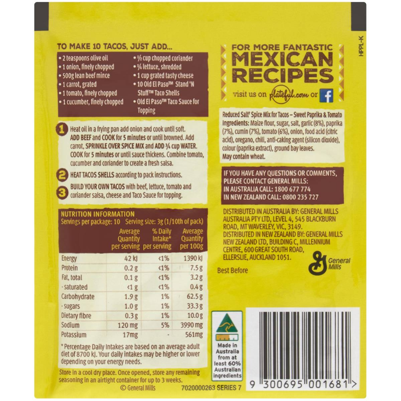 Old El Paso Original Spice Mix for Tacos Reduced Salt Mexican Seasoning 30g