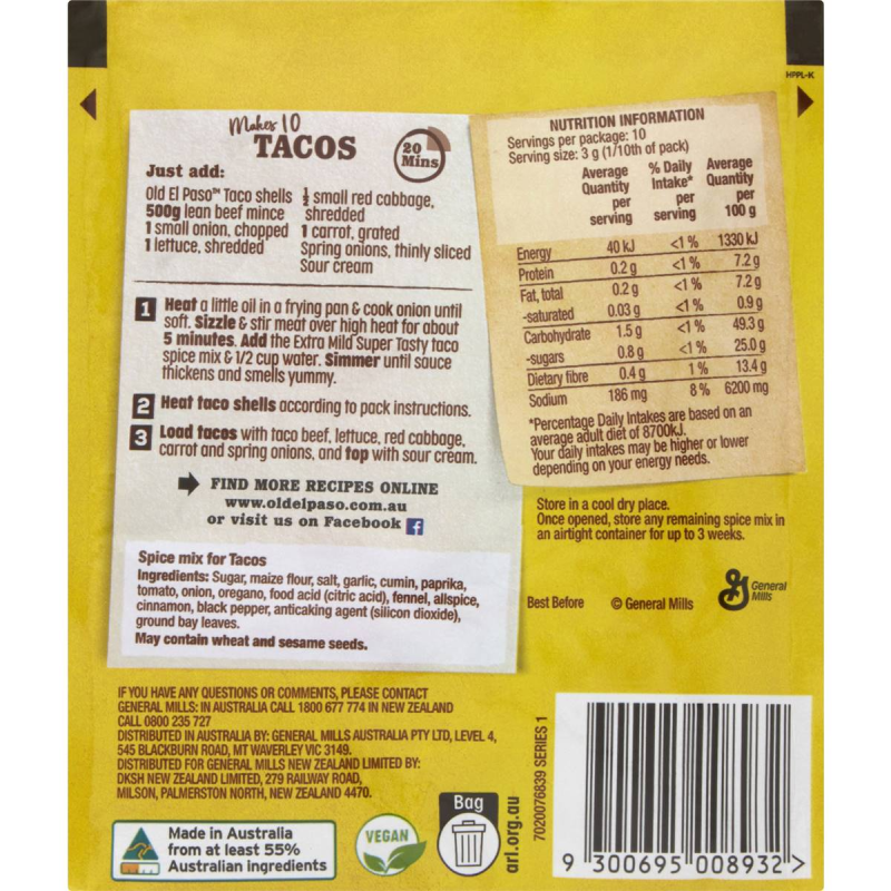 Old El Paso Original Spice Mix for Tacos Extra Mild Mexican Seasoning 30g