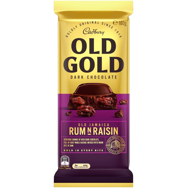 Cadbury Old Gold Dark Chocolate Old Jamaica Rum and Raisin Chocolate Block 180g