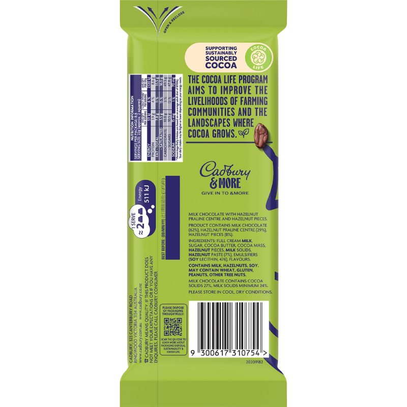 Cadbury More Hazelnut Praline Chocolate Block 195g