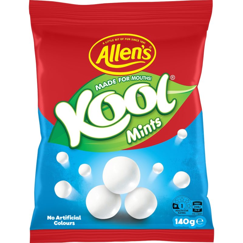 Shop Allens Kool Mints Chews Lollies Bag 140g. Enjoy refreshing mint-flavoured chewy sweets perfect for fresh breath, snacking, sharing, and everyday treats.