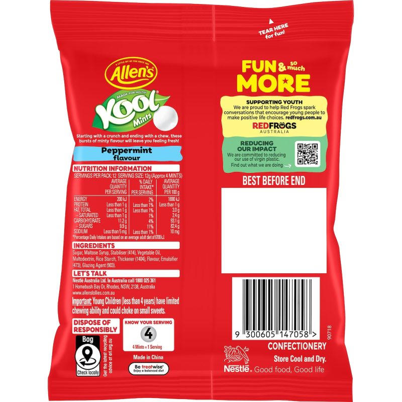 Shop Allens Kool Mints Chews Lollies Bag 140g. Enjoy refreshing mint-flavoured chewy sweets perfect for fresh breath, snacking, sharing, and everyday treats.