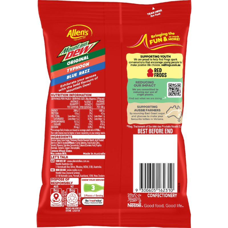 Shop Allens Mountain Dew Bottles Candy Lollies Bag 190g. Enjoy fruity, tangy bottle-shaped chewy sweets perfect for parties, snacking, sharing, and fun treats.