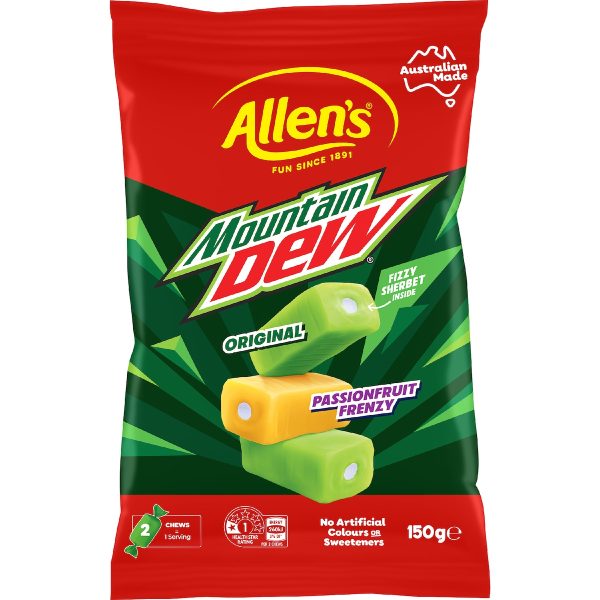 Allens Mountain Dew Bottles Chews Candy Lollies Bag 150g