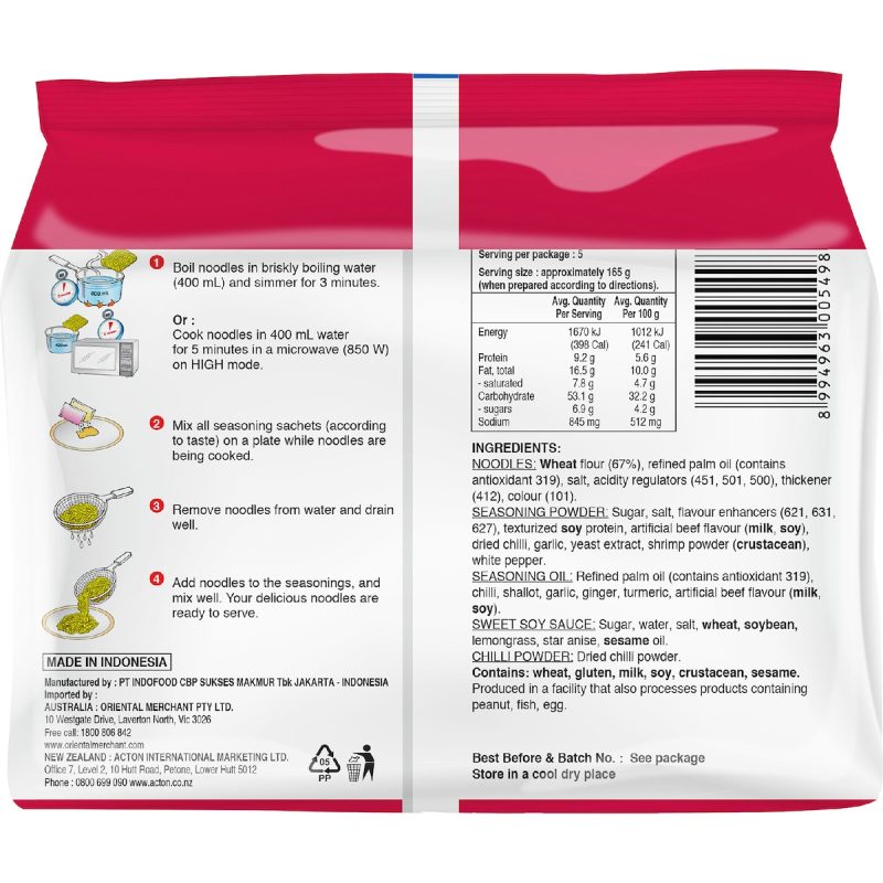 Indomie Mi Goreng Spicy Beef Instant Fried Noodles 5 Pack